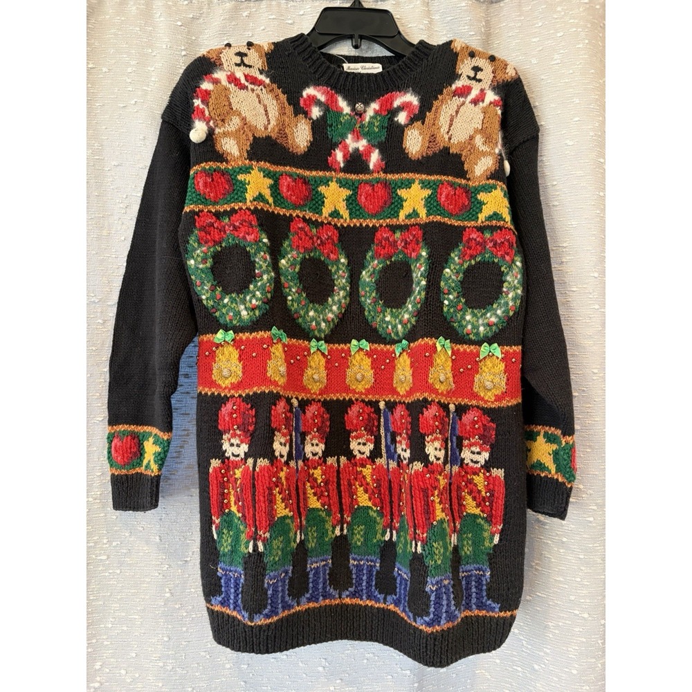 Vtg Marisa Christina Hand Knit Embellished Holiday Sweater Nutcrackers & Bears M